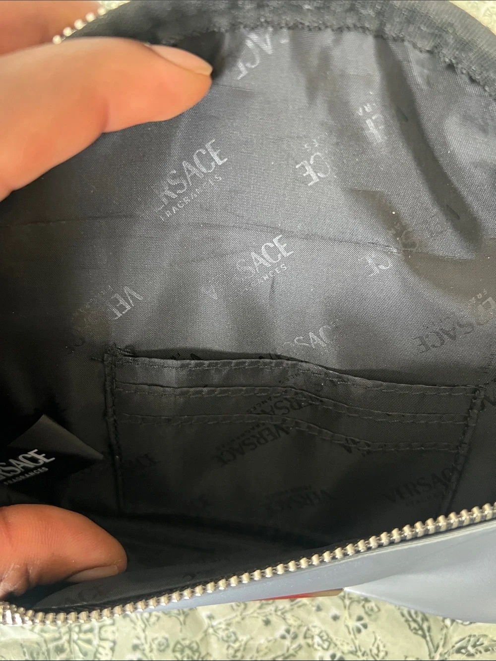 Versace Iridescent Silver Logo Belt Bag with Greek Key Strap